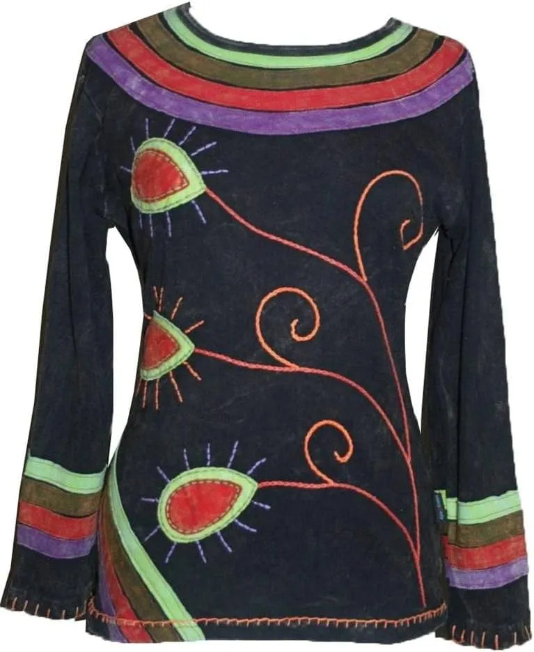 Agan Traders 2025 Spring Women's Boho Rib Knit Thick Cotton Distressed Patch Embroidered Long Sleeve Sweatshirt Top Blouse