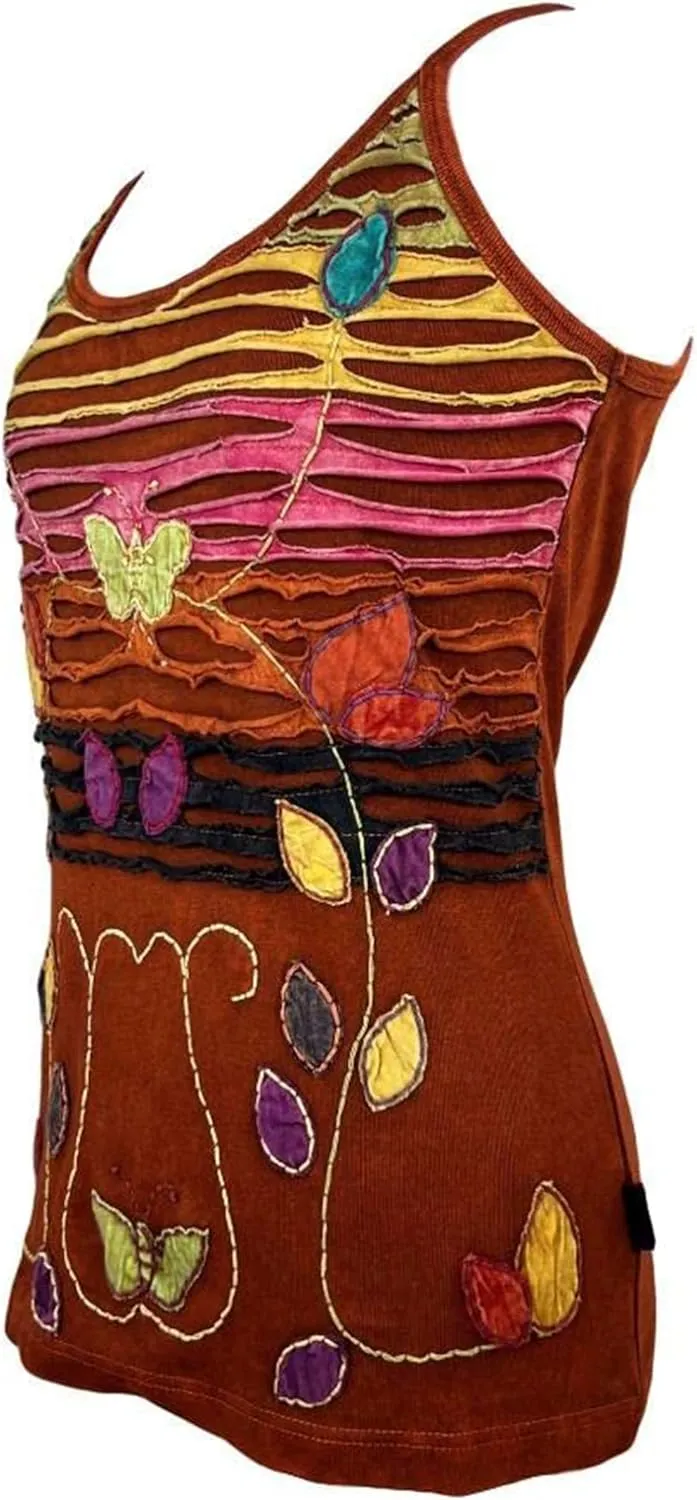 Agan Traders 2025 Summer Rib Knit Cotton Tank Tops for Women - Boho Gypsy Handcrafted Embroidery Patchwork Summer Tops