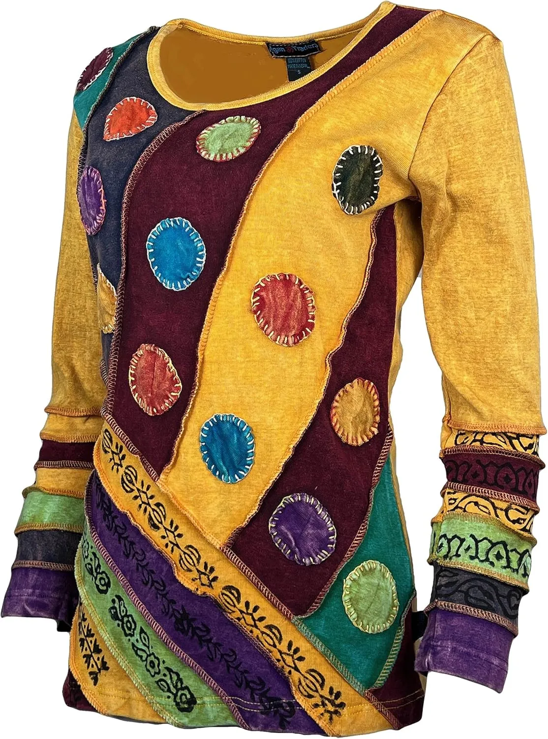 Agan Traders Women's 2025 Spring Rib Knit Cotton Stonewashed Patched Tie Dye Long Sleeve Bohemian Embroidered Top Blouses