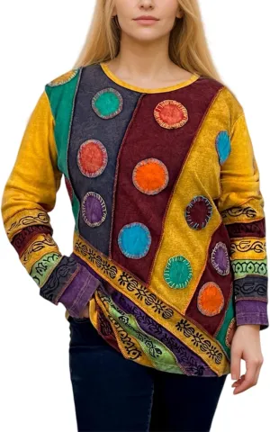 Agan Traders Women's 2025 Spring Rib Knit Cotton Stonewashed Patched Tie Dye Long Sleeve Bohemian Embroidered Top Blouses