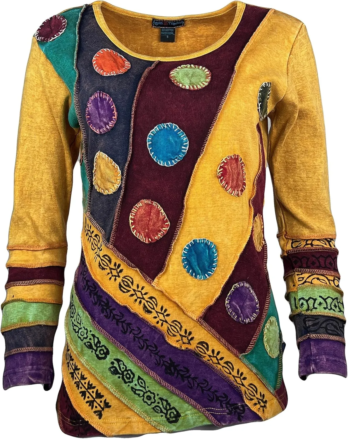 Agan Traders Women's 2025 Spring Rib Knit Cotton Stonewashed Patched Tie Dye Long Sleeve Bohemian Embroidered Top Blouses
