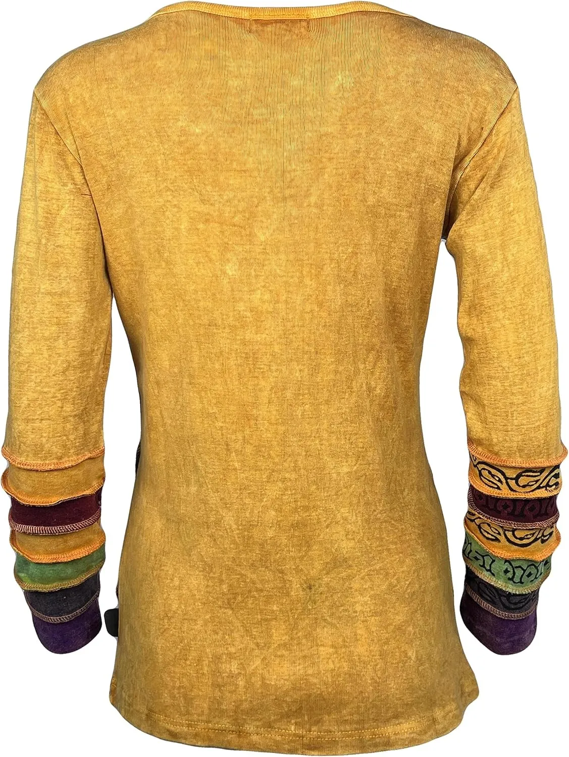 Agan Traders Women's 2025 Spring Rib Knit Cotton Stonewashed Patched Tie Dye Long Sleeve Bohemian Embroidered Top Blouses