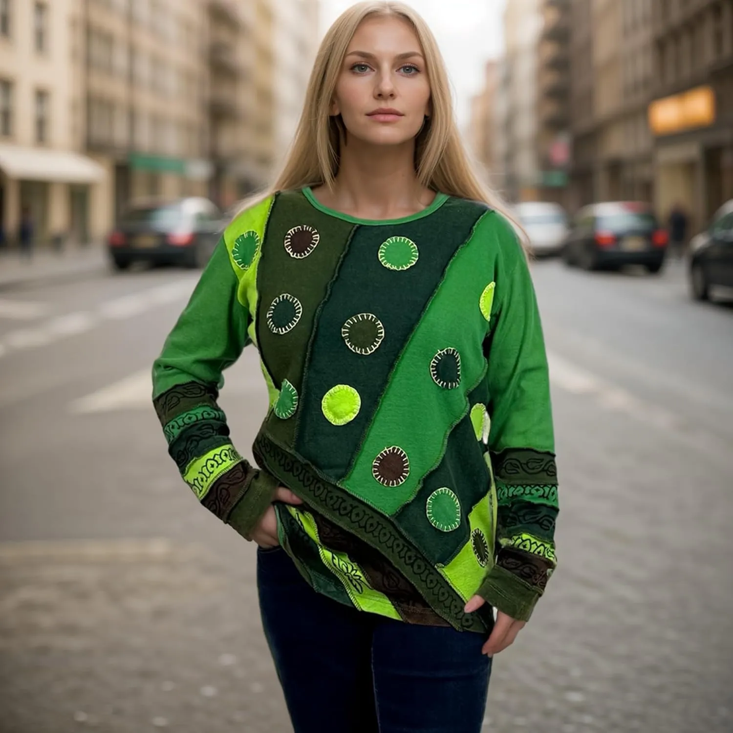 Agan Traders Women's 2025 Spring Rib Knit Cotton Stonewashed Patched Tie Dye Long Sleeve Bohemian Embroidered Top Blouses