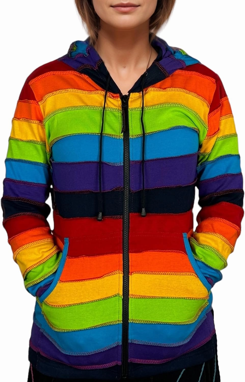 Agan Traders 2025 Spring Rainbow Printed Knit Cotton Lightweight Hoodie - Bohemian Hippie Gypsy Zip Up Jackets for Women