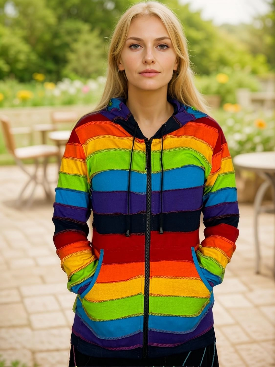 Agan Traders 2025 Spring Rainbow Printed Knit Cotton Lightweight Hoodie - Bohemian Hippie Gypsy Zip Up Jackets for Women