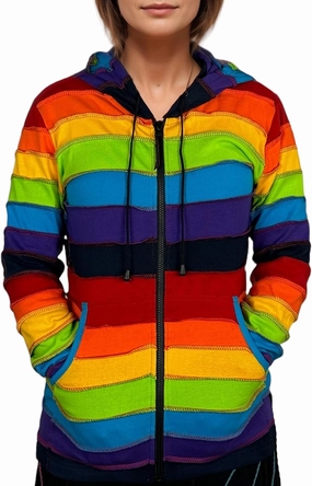 Agan Traders 2025 Spring Rainbow Printed Knit Cotton Lightweight Hoodie - Bohemian Hippie Gypsy Zip Up Jackets for Women