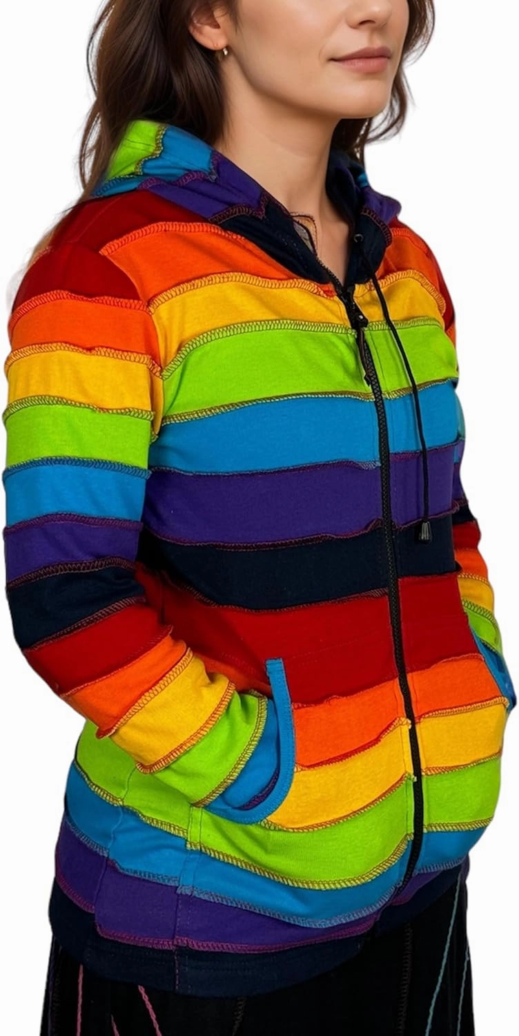 Agan Traders 2025 Spring Rainbow Printed Knit Cotton Lightweight Hoodie - Bohemian Hippie Gypsy Zip Up Jackets for Women