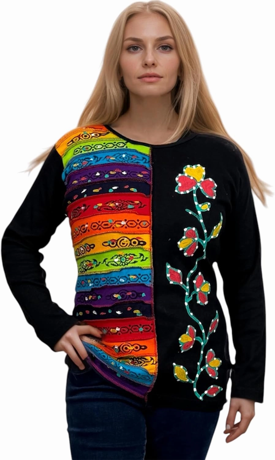 Agan Traders 2025 Spring Women's Boho Rib Knit Thick Cotton Distressed Patch Embroidered Long Sleeve Sweatshirt Top Blouse