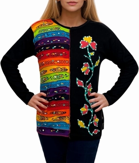 Agan Traders 2025 Spring Women's Boho Rib Knit Thick Cotton Distressed Patch Embroidered Long Sleeve Sweatshirt Top Blouse
