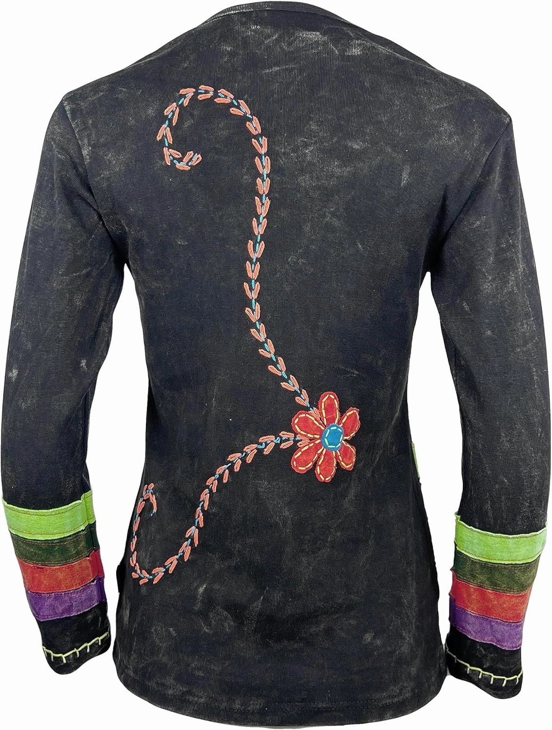 Agan Traders 2025 Spring Women's Boho Rib Knit Thick Cotton Distressed Patch Embroidered Long Sleeve Sweatshirt Top Blouse
