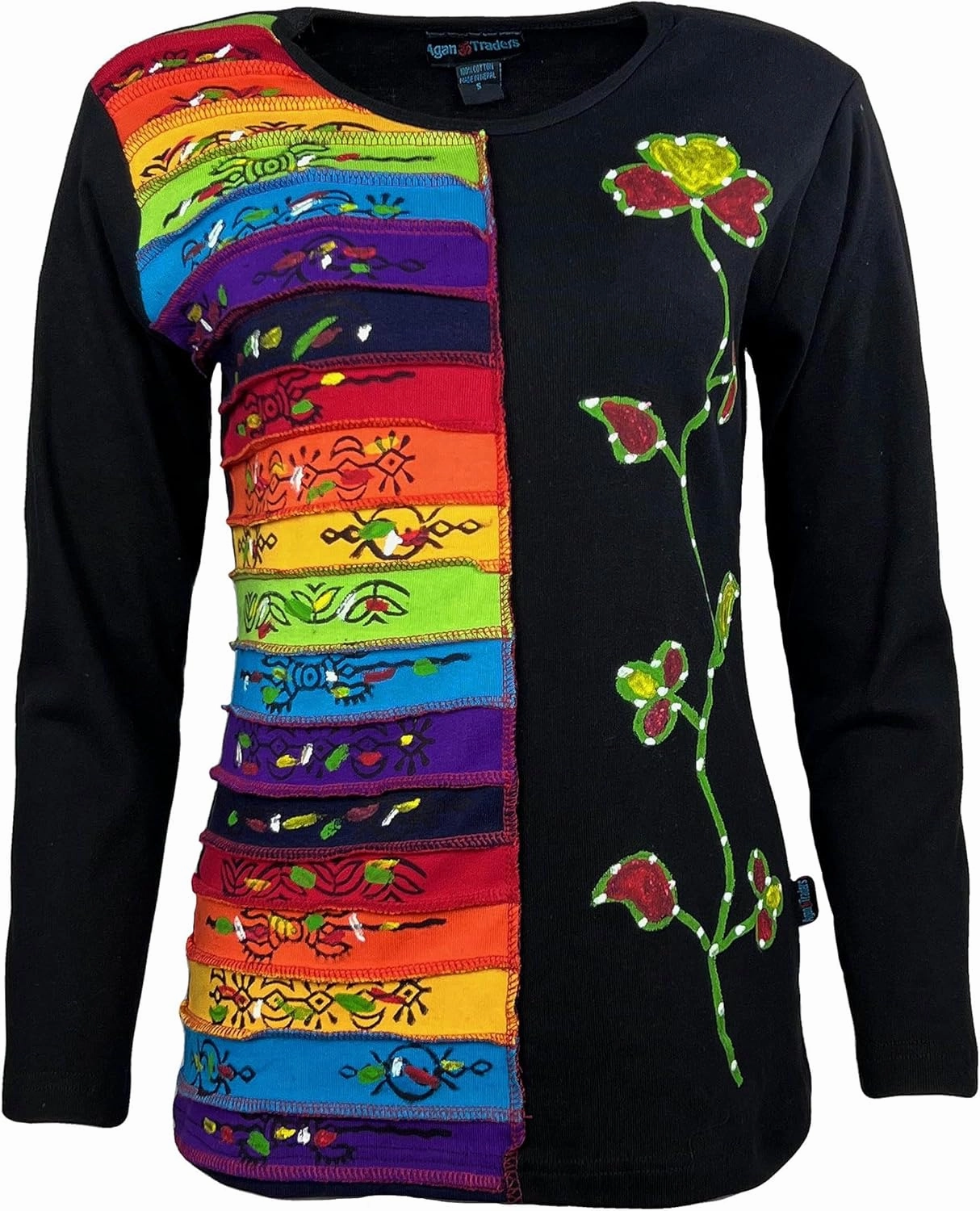 Agan Traders 2025 Spring Women's Boho Rib Knit Thick Cotton Distressed Patch Embroidered Long Sleeve Sweatshirt Top Blouse
