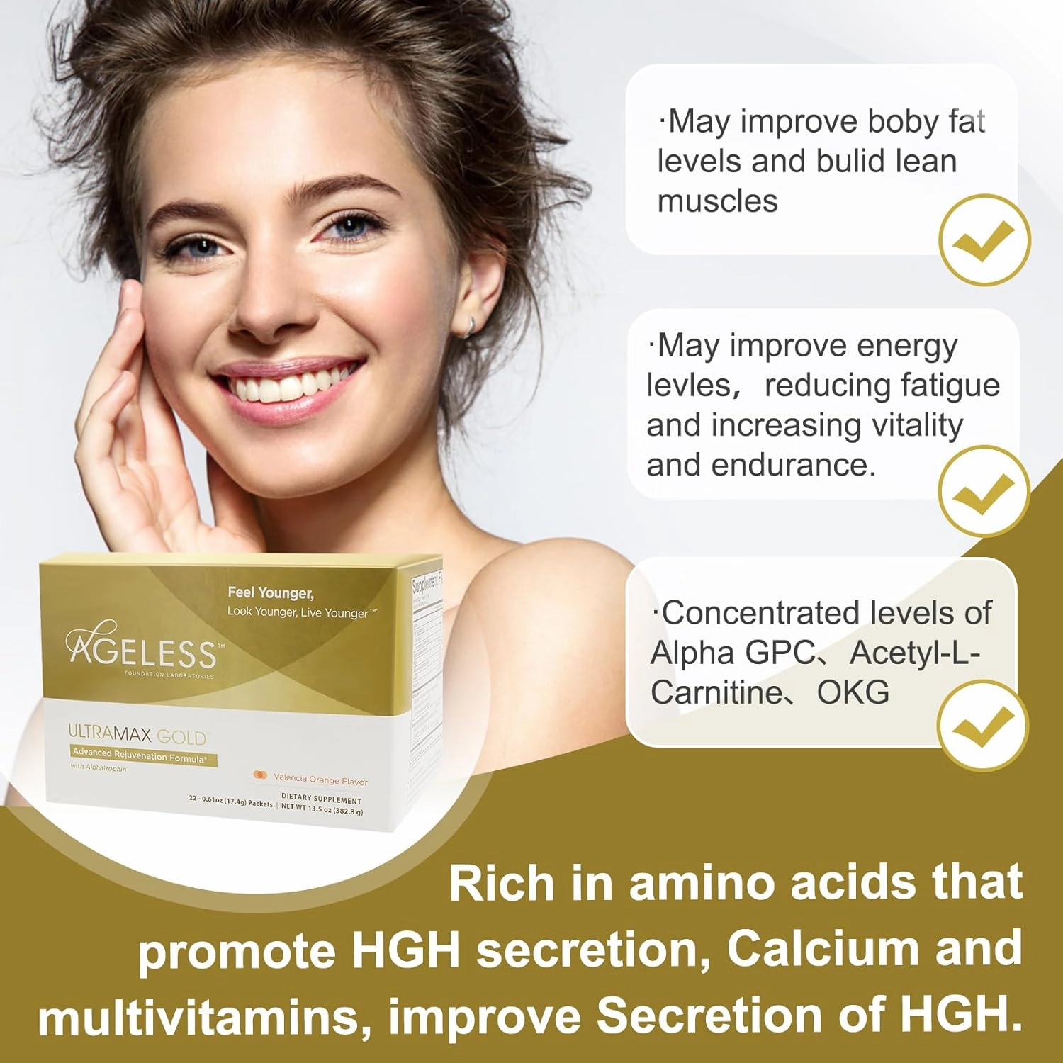 AGELESS UltraMAX Gold Effervescent Powder, HGH Anti-Aging Supplement for Women, Help Women Rejuvenate Their Faces Return to Youthfulness, Mens Supplement, Valencia Orange Flavor 22 Packets