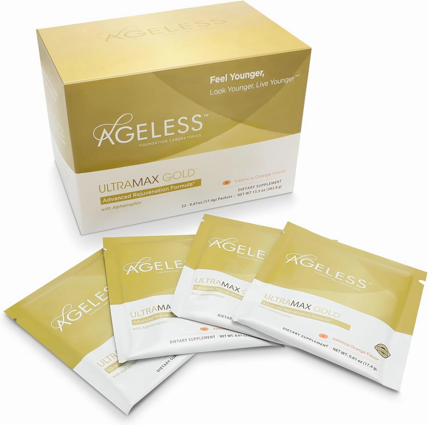 AGELESS UltraMAX Gold Effervescent Powder, HGH Anti-Aging Supplement for Women, Help Women Rejuvenate Their Faces Return to Youthfulness, Mens Supplement, Valencia Orange Flavor 22 Packets