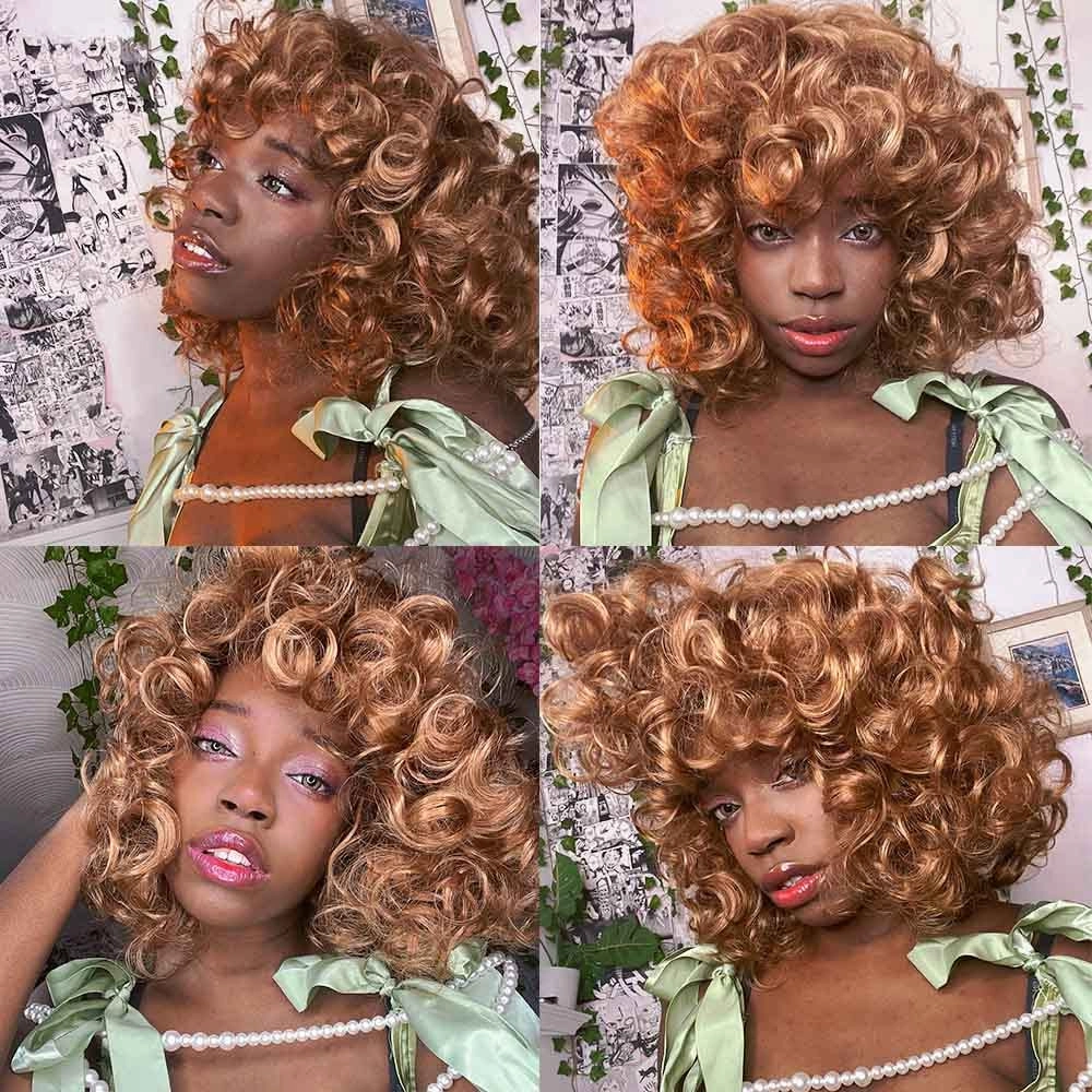 AIDUSA Afro Curly Wigs with Bangs Big Blonde Wigs for Black Women Light Brown Short Wigs for Women Synthetic Hair Natural Looking (#30 Honey Blonde)