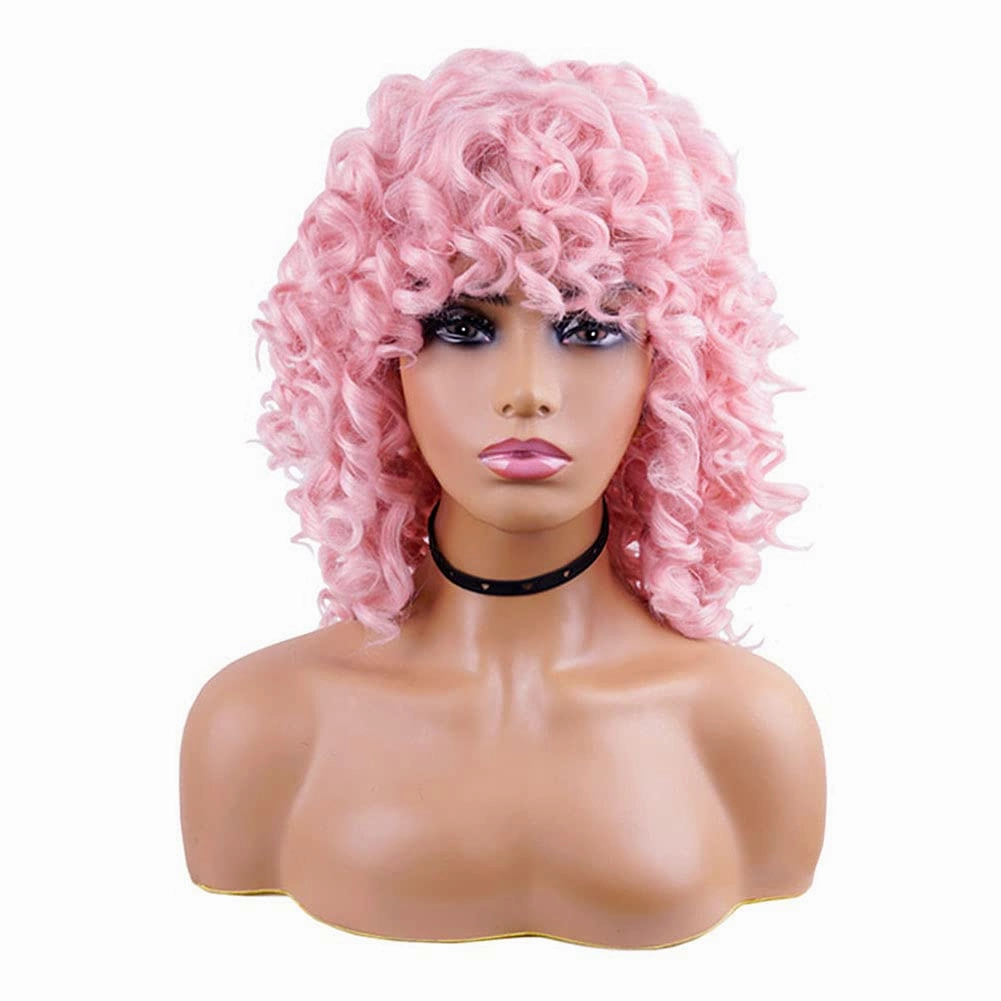 AIDUSA Short Loose Curly Wigs Afro Wig for Black Women Fluffy Curly Big Curls Pink Wig With Bangs Synthetic Wigs for White Women Wavy Natural Looking (Pink)