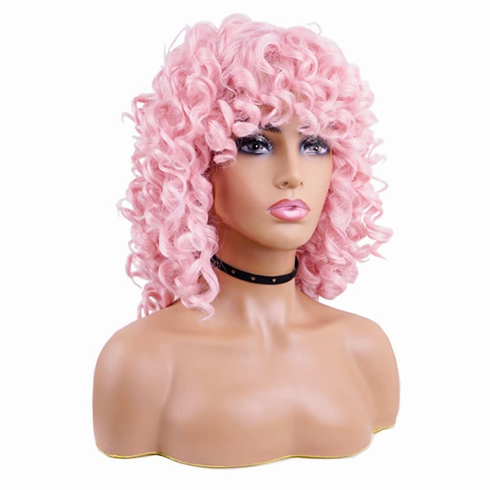 AIDUSA Short Loose Curly Wigs Afro Wig for Black Women Fluffy Curly Big Curls Pink Wig With Bangs Synthetic Wigs for White Women Wavy Natural Looking (Pink)