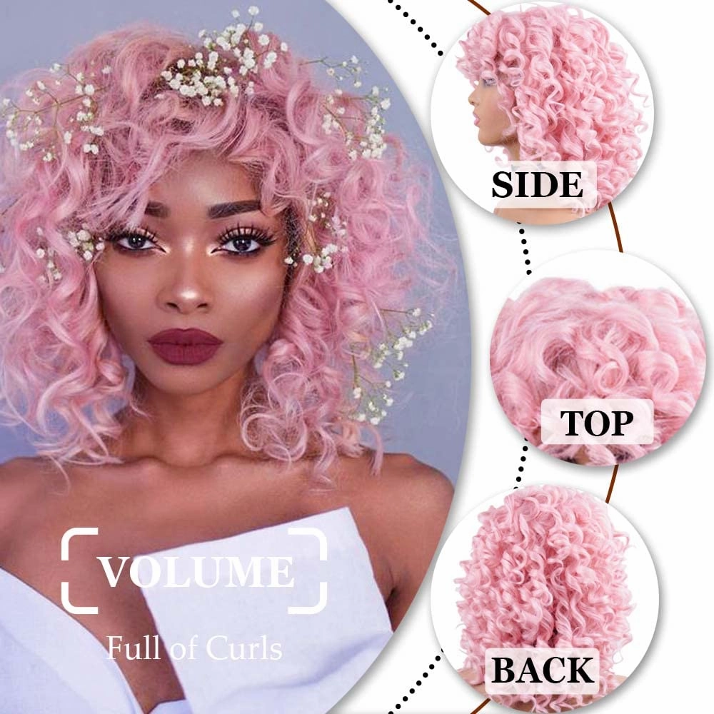 AIDUSA Short Loose Curly Wigs Afro Wig for Black Women Fluffy Curly Big Curls Pink Wig With Bangs Synthetic Wigs for White Women Wavy Natural Looking (Pink)