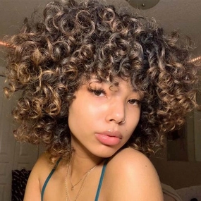AIDUSA Short Loose Curly Wigs for Black Women Ombre Blonde Wig for Black Women Curly Wig Afro Wigs Synthetic Wig with Bangs Half Wigs for Women Soft Hair Blonde (#T30 Black to Light Brown)