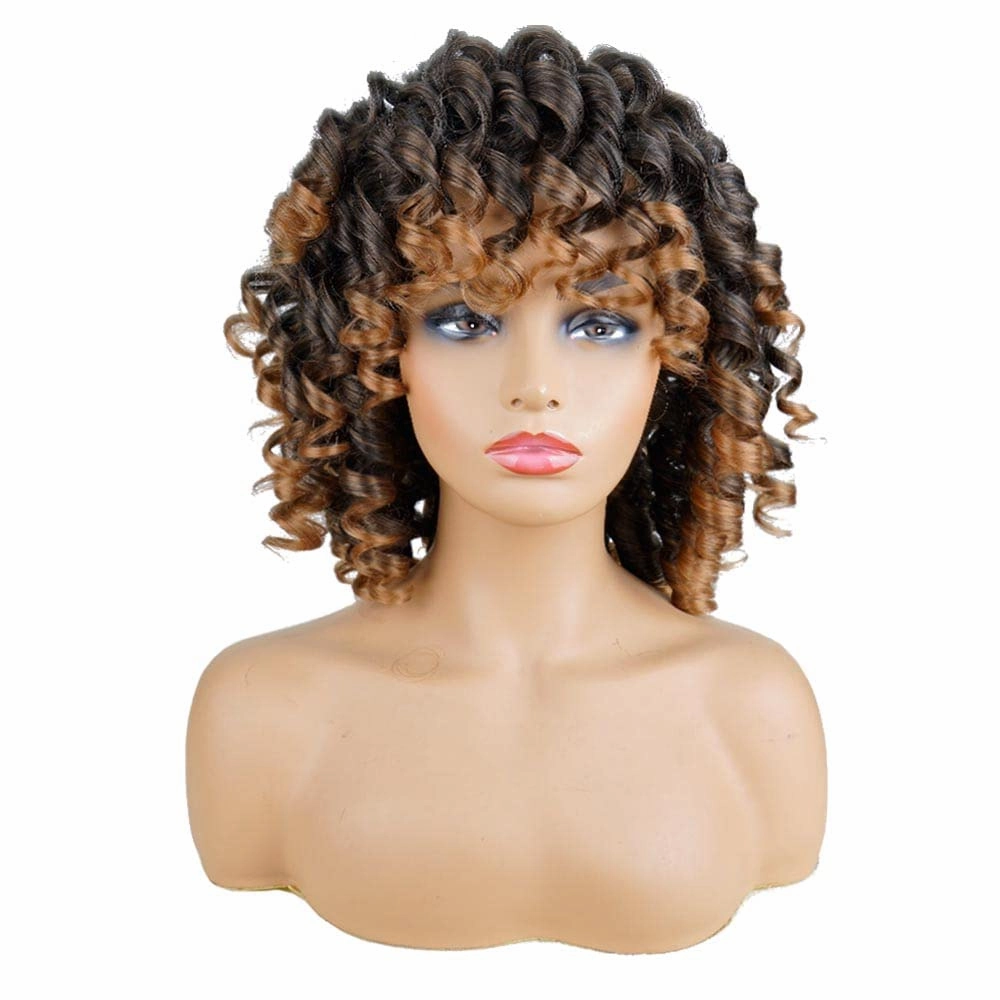 AIDUSA Short Loose Curly Wigs for Black Women Ombre Blonde Wig for Black Women Curly Wig Afro Wigs Synthetic Wig with Bangs Half Wigs for Women Soft Hair Blonde (#T30 Black to Light Brown)