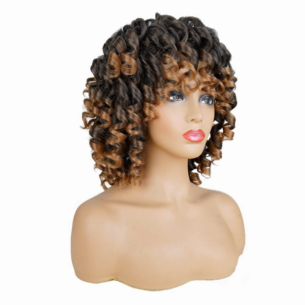 AIDUSA Short Loose Curly Wigs for Black Women Ombre Blonde Wig for Black Women Curly Wig Afro Wigs Synthetic Wig with Bangs Half Wigs for Women Soft Hair Blonde (#T30 Black to Light Brown)