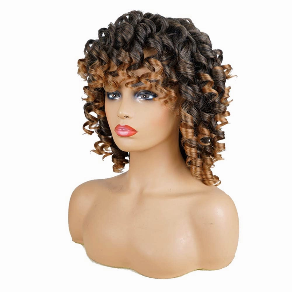 AIDUSA Short Loose Curly Wigs for Black Women Ombre Blonde Wig for Black Women Curly Wig Afro Wigs Synthetic Wig with Bangs Half Wigs for Women Soft Hair Blonde (#T30 Black to Light Brown)
