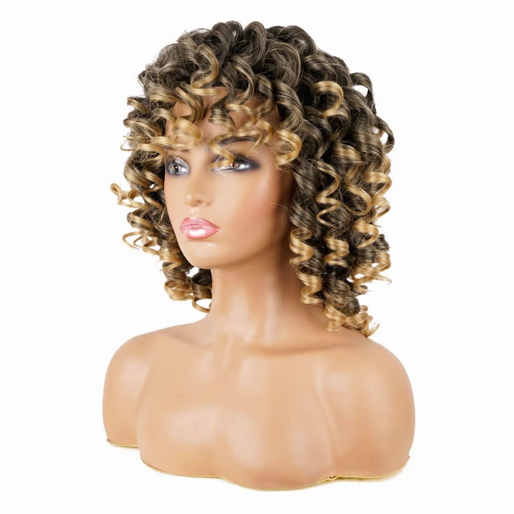 AIDUSA Short Loose Curly Wigs for Black Women Ombre Wig with Bangs Ombre Blonde Wigs for Women Curly Wig Afro Synthetic Soft Hair (#T27 Black to Dark Blonde)