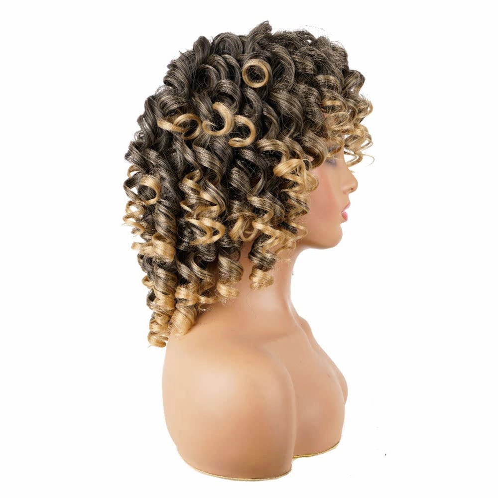 AIDUSA Short Loose Curly Wigs for Black Women Ombre Wig with Bangs Ombre Blonde Wigs for Women Curly Wig Afro Synthetic Soft Hair (#T27 Black to Dark Blonde)