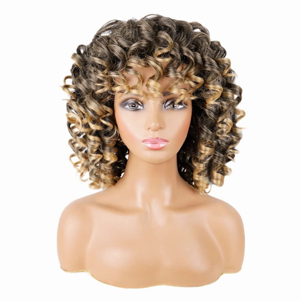 AIDUSA Short Loose Curly Wigs for Black Women Ombre Wig with Bangs Ombre Blonde Wigs for Women Curly Wig Afro Synthetic Soft Hair (#T27 Black to Dark Blonde)