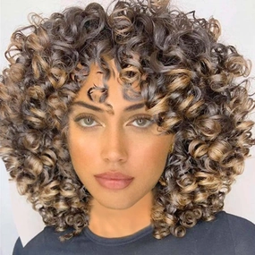AIDUSA Short Loose Curly Wigs for Black Women Ombre Wig with Bangs Ombre Blonde Wigs for Women Curly Wig Afro Synthetic Soft Hair (#T27 Black to Dark Blonde)