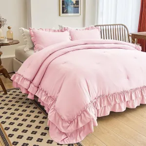 AIKASY Peach Pink Ruffle Bedding Set, Queen Size - 3 Pieces Vintage Ruffle Fringe Comforter & Pillow Shams - Farmhouse Rustic Microfiber Down Alternative