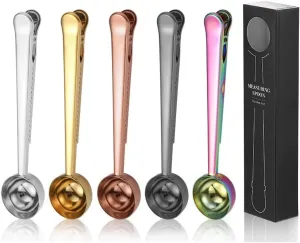 AKOAK Coffee Scoop & Bag Clamps - Great Stainless Steel Measuring Scoop with Food Seal Clamps, Tea, Coffee Beans, Protein Scoop, Oats and More, Pack of 5,5 Colors