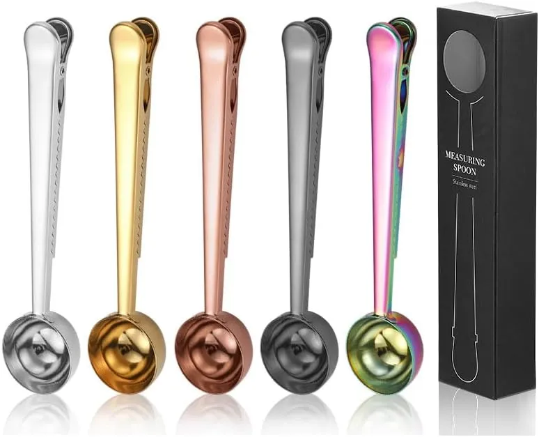 AKOAK Coffee Scoop & Bag Clamps - Great Stainless Steel Measuring Scoop with Food Seal Clamps, Tea, Coffee Beans, Protein Scoop, Oats and More, Pack of 5,5 Colors