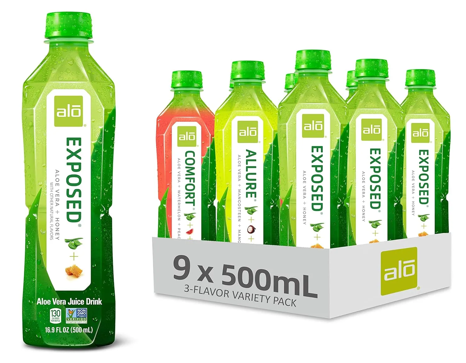 ALO Aloe Vera Juice | 16.9 fl oz, Pack of 9 | 3-Flavor Variety Pack | ALLURE, COMFORT, EXPOSED Plant-Based Drink