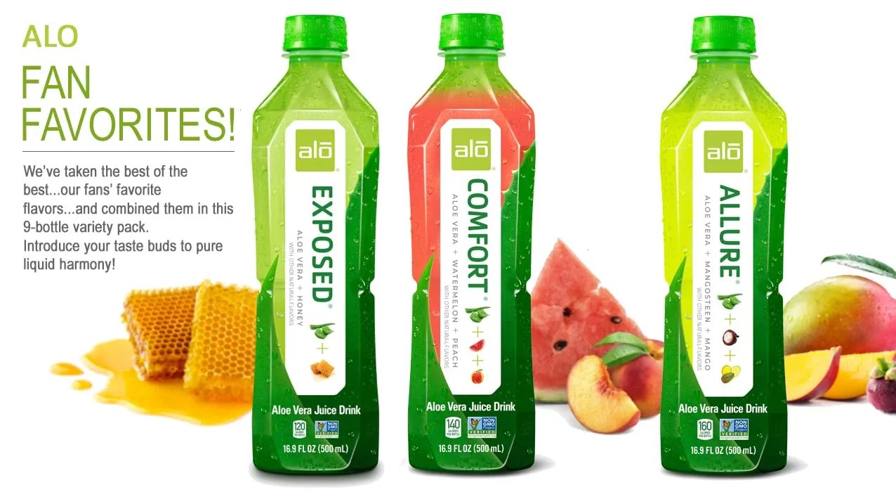 ALO Aloe Vera Juice | 16.9 fl oz, Pack of 9 | 3-Flavor Variety Pack | ALLURE, COMFORT, EXPOSED Plant-Based Drink