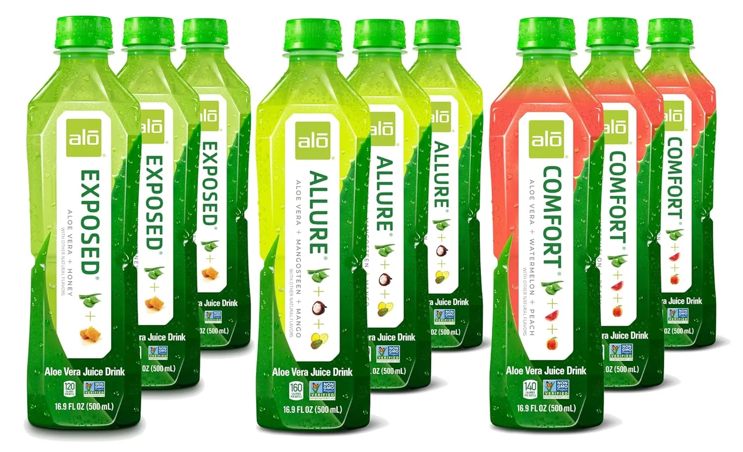 ALO Aloe Vera Juice | 16.9 fl oz, Pack of 9 | 3-Flavor Variety Pack | ALLURE, COMFORT, EXPOSED Plant-Based Drink