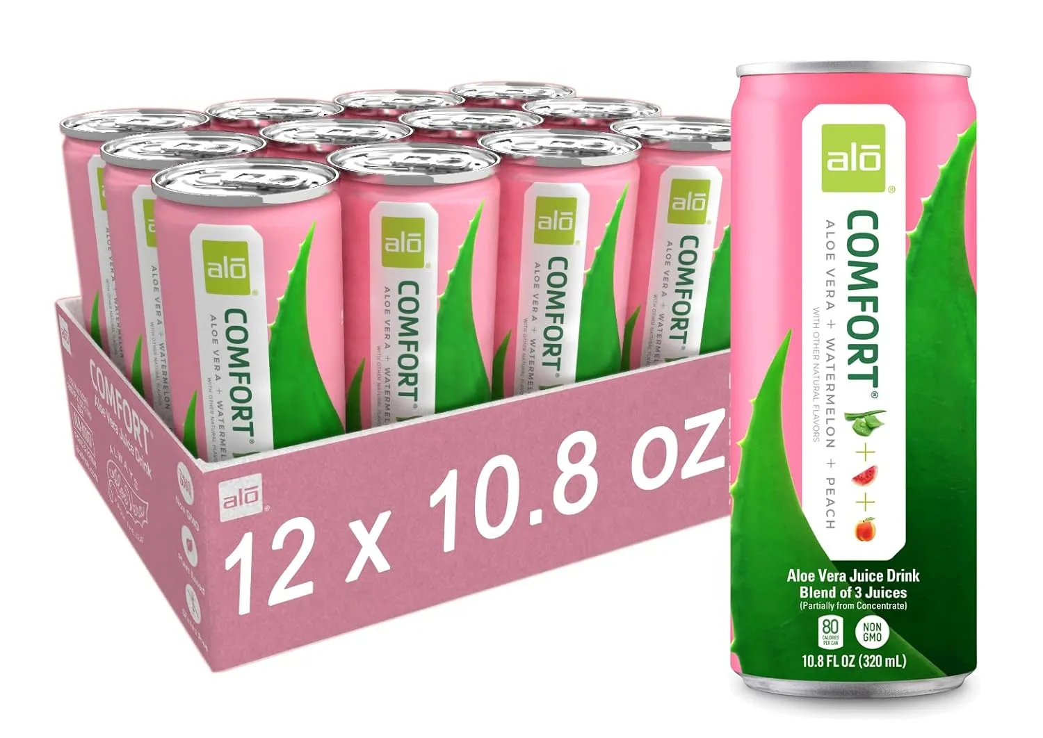 ALO Drink |ALO Comfort Aloe Vera Juice Drink | Watermelon   Peach Flavor | 12 Pack | 10.8 FL OZ (320mL) Cans