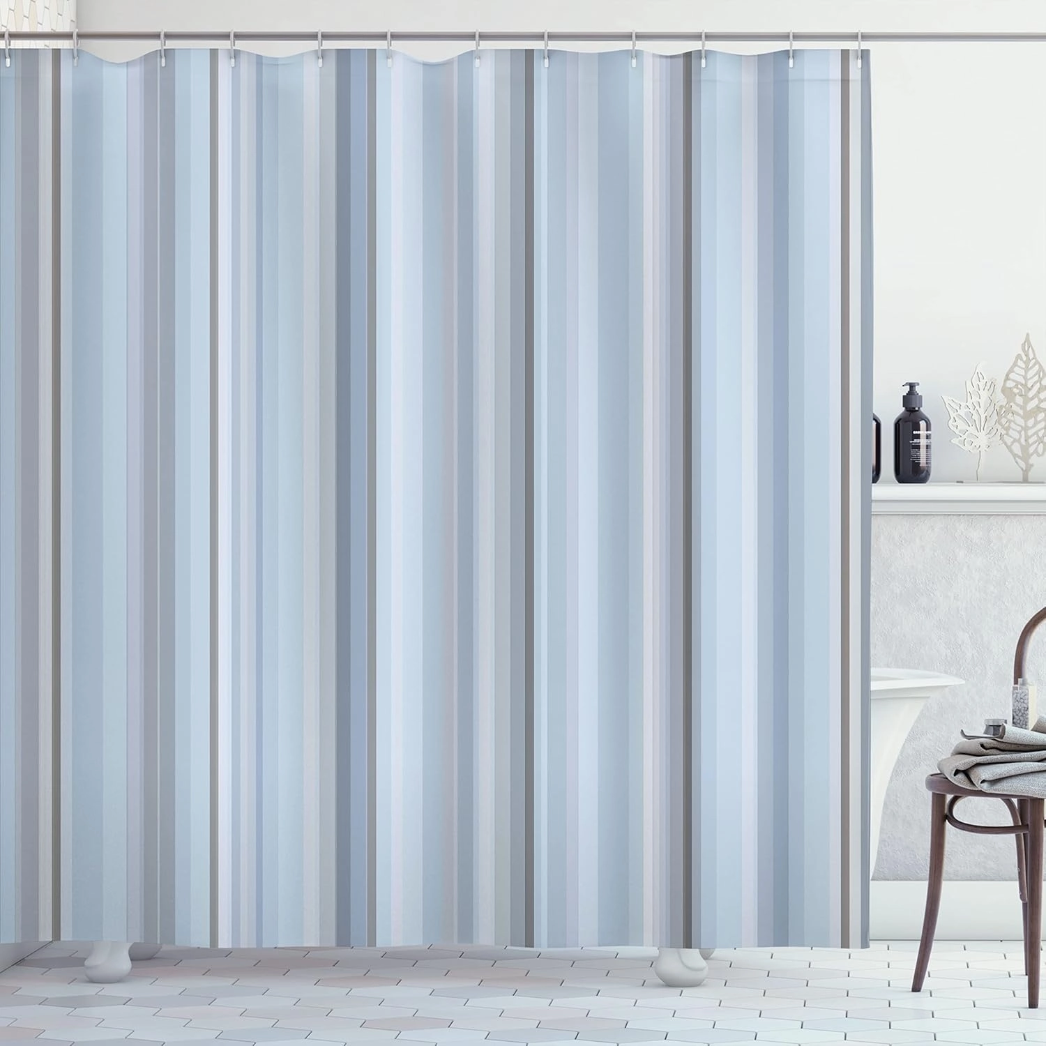 Ambesonne Stripes Shower Curtain, Abstract Ocean Inspired Palette Lines Geometrical Image Illustration, Cloth Fabric Bathroom Decor Set with Hooks, 69" W x 70" L, Pale Blue