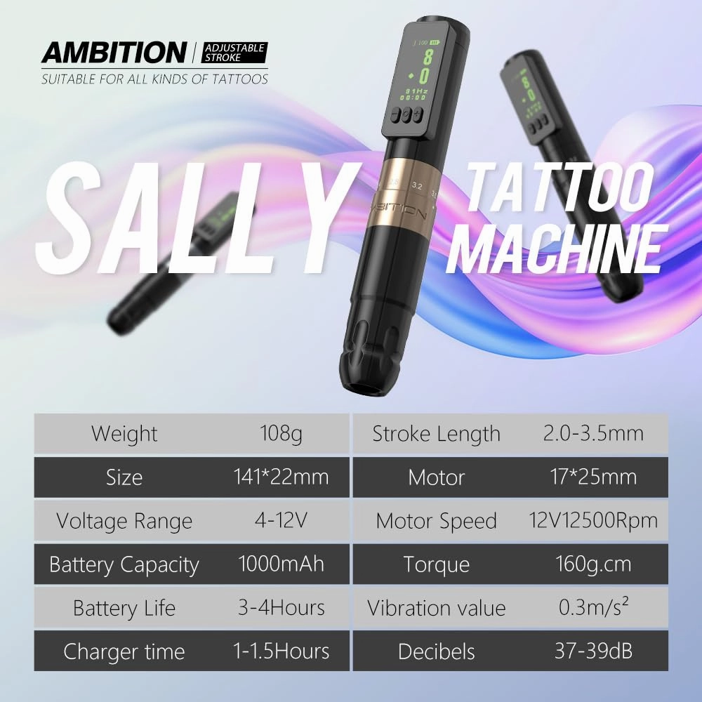 Ambition Sally Wireless Permanent Makeup Machine with 5 Strokes Length 2.0mm-3.5mm Rotary Tattoo Gun Cartridge Pen with 1000mAh LED Digital Display Coreless Motor For Eyebrow Eyeliner Lips SMP