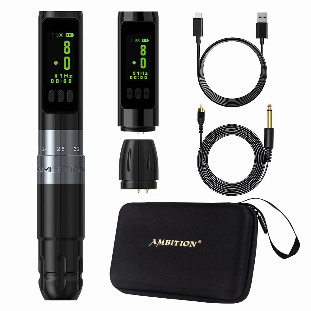 Ambition Sally Wireless Permanent Makeup Machine with 5 Strokes Length 2.0mm-3.5mm Rotary Tattoo Gun Cartridge Pen with 1000mAh LED Digital Display Coreless Motor For Eyebrow Eyeliner Lips SMP