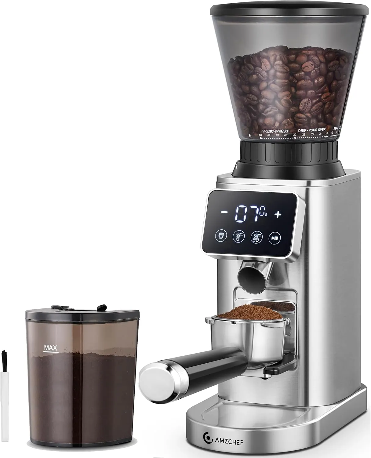 AMZCHEF Coffee Grinder, Coffee Bean Grinder for Home Use with Precise Grinding, LED Control Panel, Detachable Funnel Stand, Anti-static Design, 24 Grind Settings, silver