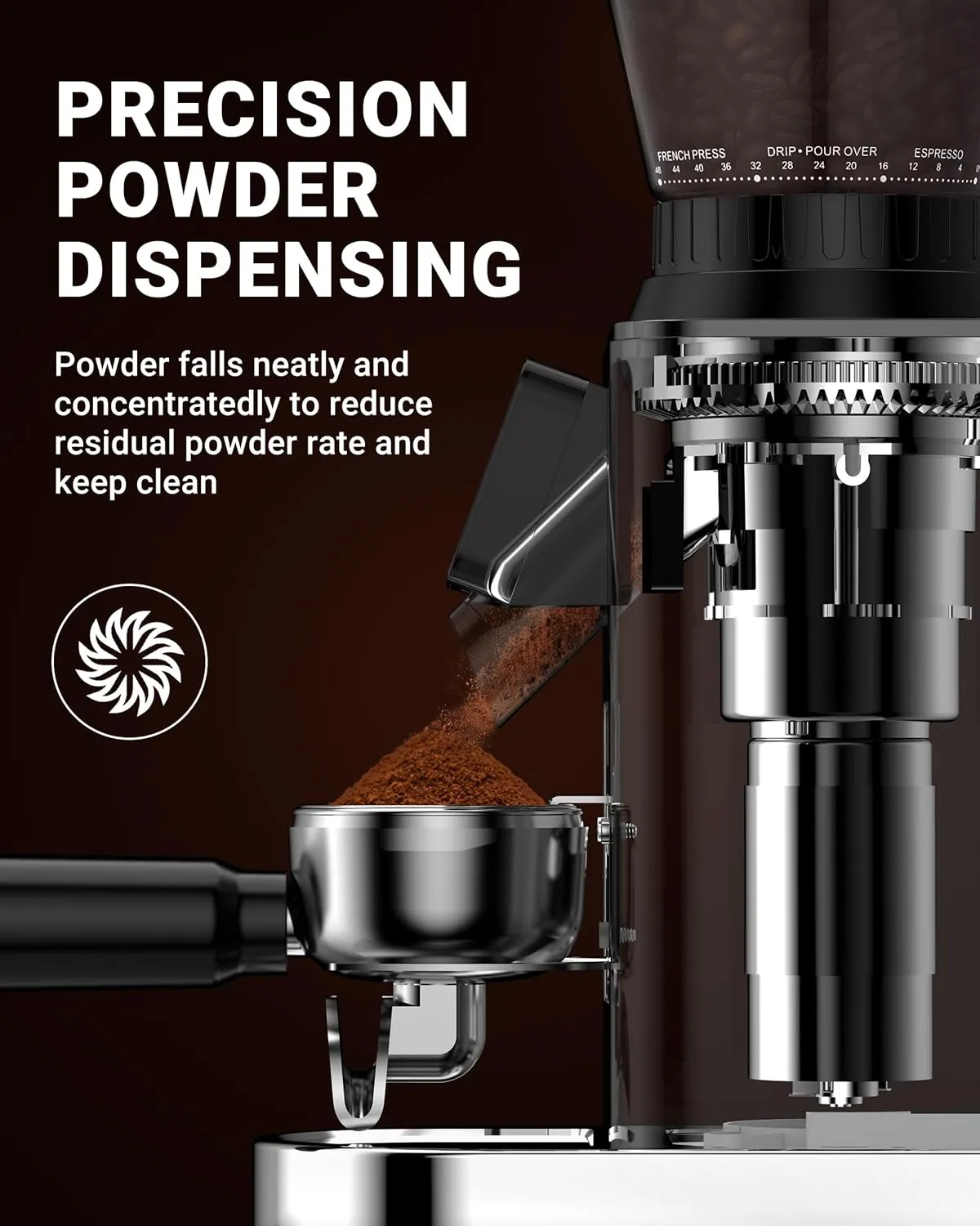 AMZCHEF Coffee Grinder, Coffee Bean Grinder for Home Use with Precise Grinding, LED Control Panel, Detachable Funnel Stand, Anti-static Design, 24 Grind Settings, silver