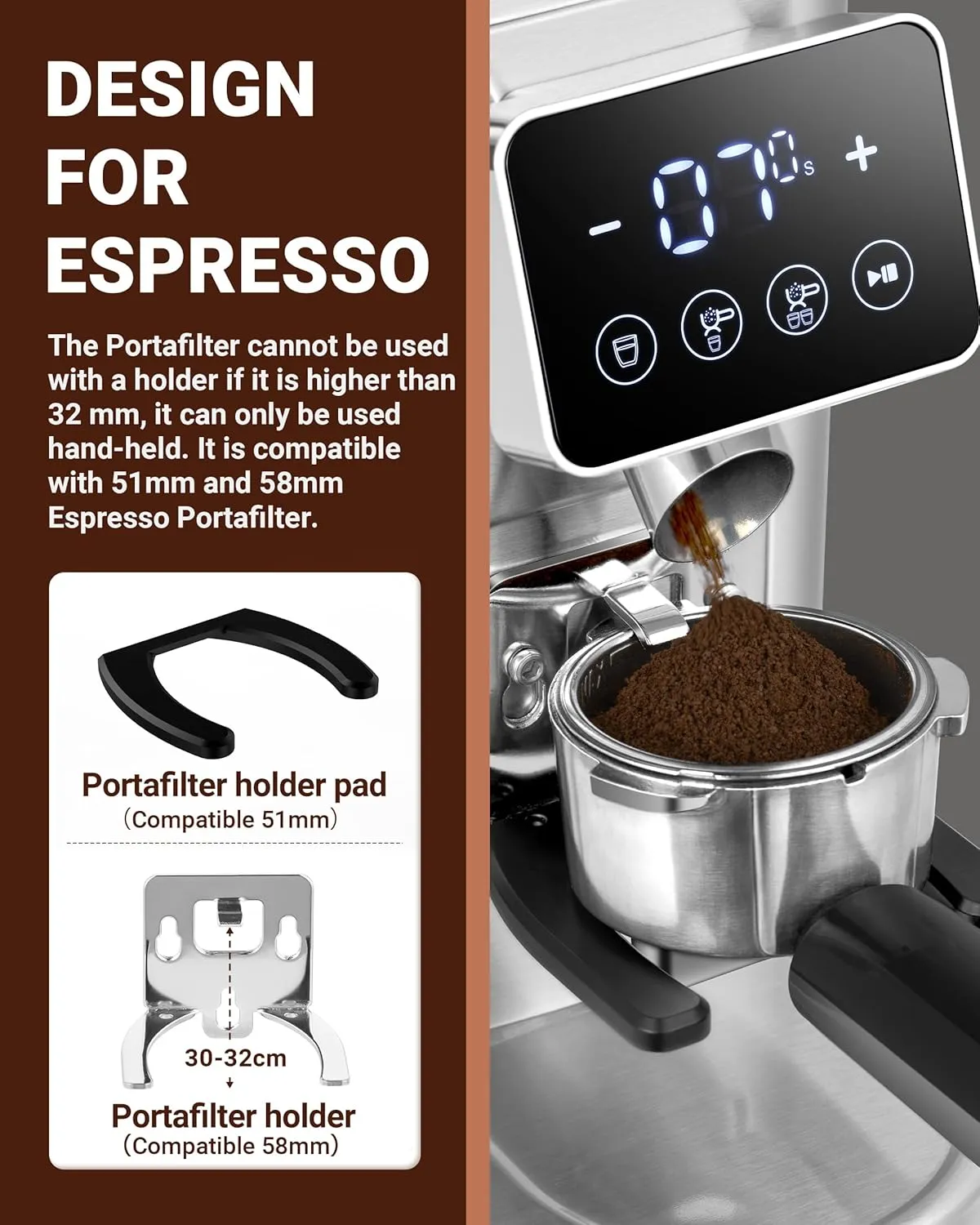 AMZCHEF Coffee Grinder, Coffee Bean Grinder for Home Use with Precise Grinding, LED Control Panel, Detachable Funnel Stand, Anti-static Design, 24 Grind Settings, silver