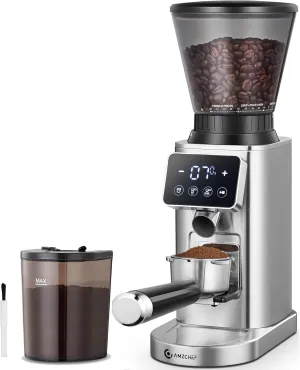 AMZCHEF Coffee Grinder, Coffee Bean Grinder for Home Use with Precise Grinding, LED Control Panel, Detachable Funnel Stand, Anti-static Design, 24 Grind Settings, silver