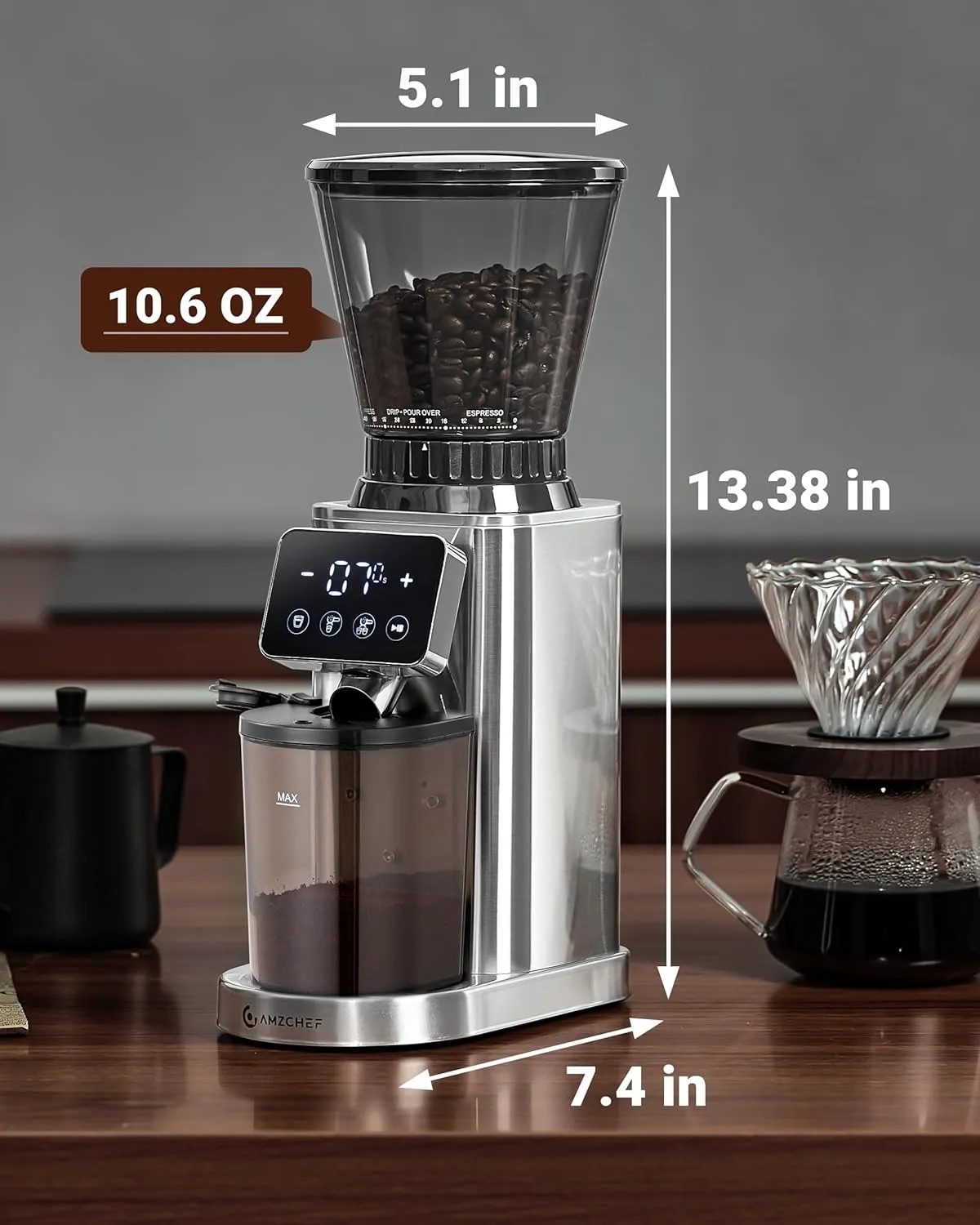 AMZCHEF Coffee Grinder, Coffee Bean Grinder for Home Use with Precise Grinding, LED Control Panel, Detachable Funnel Stand, Anti-static Design, 24 Grind Settings, silver