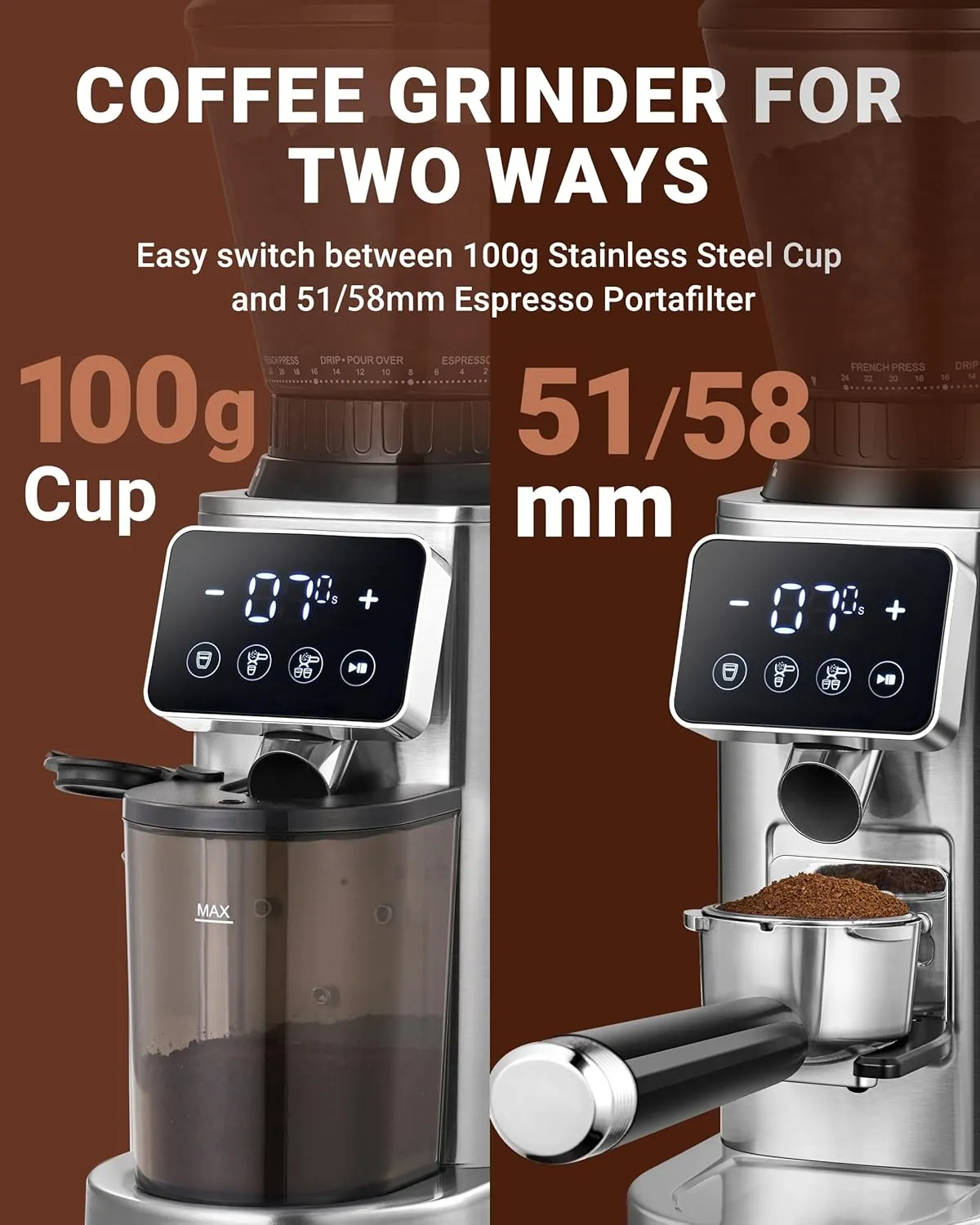 AMZCHEF Coffee Grinder, Coffee Bean Grinder for Home Use with Precise Grinding, LED Control Panel, Detachable Funnel Stand, Anti-static Design, 24 Grind Settings, silver
