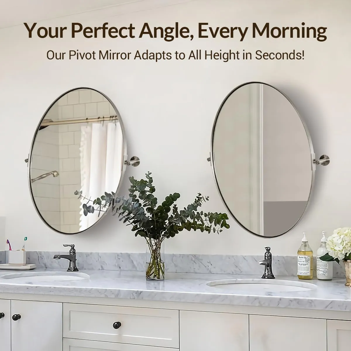 ANDY STAR Brushed Nickel Bathroom Mirror, 20 x 30 Inch Oval Pivot Mirror for Wall, Unique Farmhouse Tilt Mirror in Slim Silver Stainless Steel Metal Frame for Bedroom, Powder Room