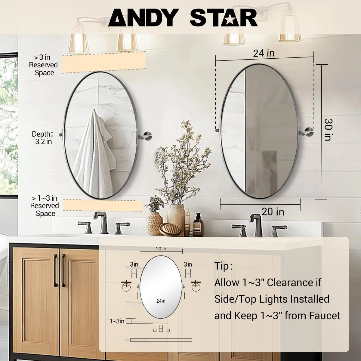 ANDY STAR Brushed Nickel Bathroom Mirror, 20 x 30 Inch Oval Pivot Mirror for Wall, Unique Farmhouse Tilt Mirror in Slim Silver Stainless Steel Metal Frame for Bedroom, Powder Room