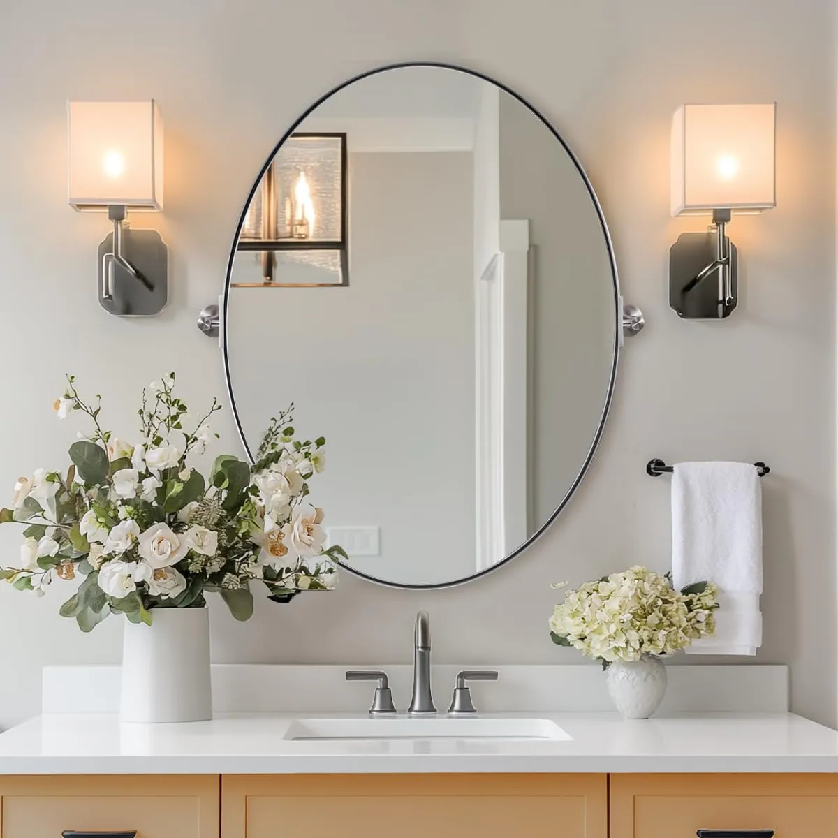 ANDY STAR Brushed Nickel Bathroom Mirror, 20 x 30 Inch Oval Pivot Mirror for Wall, Unique Farmhouse Tilt Mirror in Slim Silver Stainless Steel Metal Frame for Bedroom, Powder Room