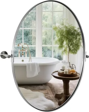 ANDY STAR Brushed Nickel Bathroom Mirror, 20 x 30 Inch Oval Pivot Mirror for Wall, Unique Farmhouse Tilt Mirror in Slim Silver Stainless Steel Metal Frame for Bedroom, Powder Room