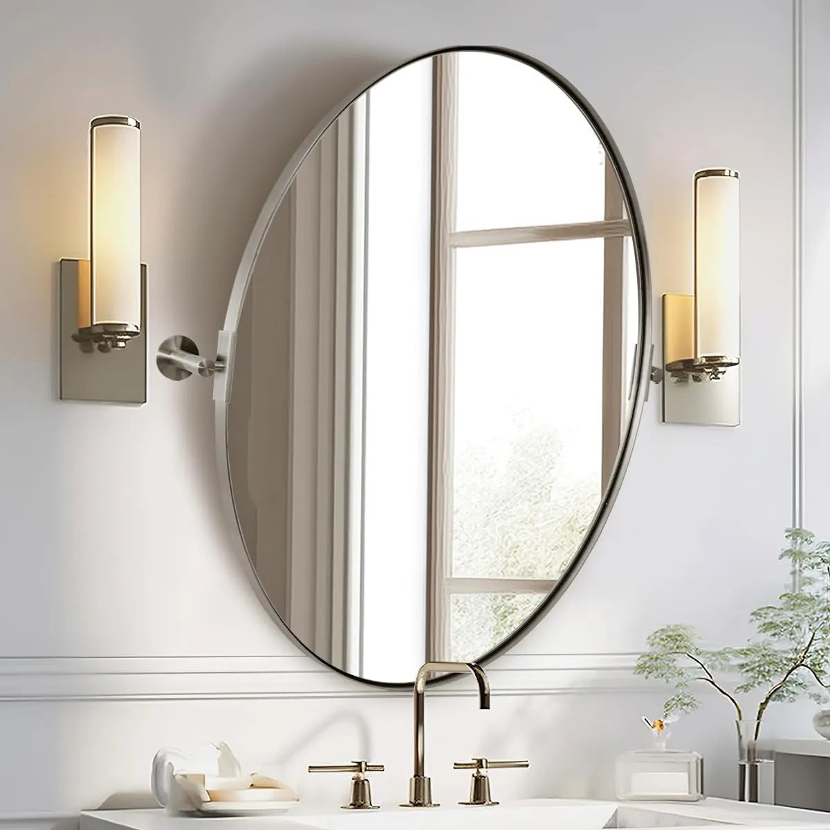 ANDY STAR Brushed Nickel Bathroom Mirror, 20 x 30 Inch Oval Pivot Mirror for Wall, Unique Farmhouse Tilt Mirror in Slim Silver Stainless Steel Metal Frame for Bedroom, Powder Room
